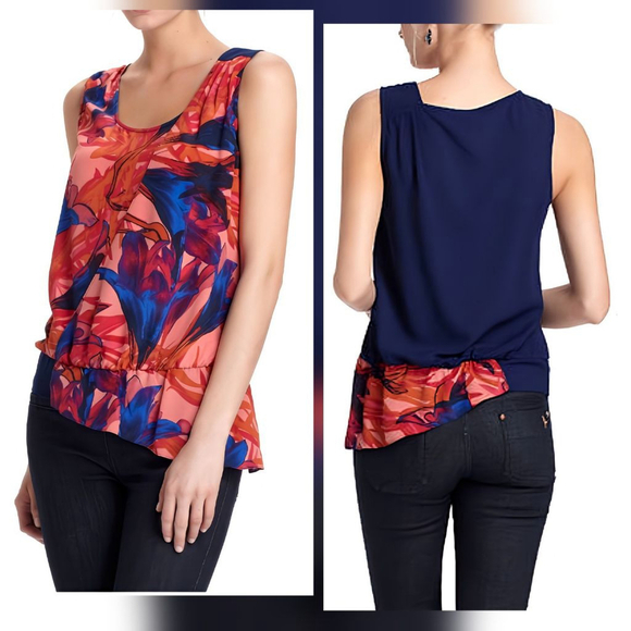 Leifsdottir Anthropologie 100% Silk Floral Blouse Sleeveless 0 Orange Blue - Picture 1 of 7